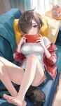  1girl black_cat black_shorts breasts brown_hair cat cellphone commentary_request couch highres holding holding_phone indoors jacket long_sleeves medium_breasts milk_carton nima_(niru54) off_shoulder original phone pillow purple_eyes red_jacket shirt short_hair short_shorts shorts smartphone solo thighs white_shirt 