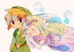  1boy 1girl black_eyes blonde_hair closed_eyes dress elbow_gloves floating ghost gloves green_headwear green_shirt hat highres jewelry link long_hair necklace open_mouth pointy_ears princess_zelda purple_dress shirt short_hair sleeveless sleeveless_dress the_legend_of_zelda the_legend_of_zelda:_spirit_tracks tiara tokuura toon_link toon_zelda twitter_username white_gloves 