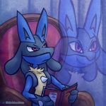  blubluumon book eyebrows feral furniture generation_4_pokemon half-closed_eyes hi_res holding_object lucario male mischievous_smile narrowed_eyes nintendo pokemon pokemon_(species) raised_eyebrow sitting smile sofa solo 