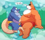  2023 anthro belly big_belly black_nose blue_body canid canine canis clothing domestic_dog duo dylan_(the_human_heart) english_text eulipotyphlan eyewear glasses hi_res kemono leonthelionel locker_room male male/male mammal mole_(animal) orange_body overweight overweight_male red_nose rorik_(the_human_heart) sitting steam text the_human_heart_(game) underwear 