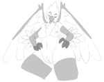  absurd_res anthro areola arm_feathers arm_warmers armwear avian beak big_breasts bird black_beak blush breasts chest_tuft clothing digital_media_(artwork) eira_(eiraryyu) eyebrows feathered_wings feathers female hands_on_hips hi_res large_wings legwear low-angle_view monochrome nautile nipple_blush nipples raised_eyebrow simple_background sketch slim small_waist smirking_at_viewer solo thick_thighs thigh_highs tuft white_body wings 