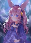  1girl animal_ears blue_eyes blush breasts brooch cloud detached_collar dress expressionless hair_ribbon highres jewelry long_hair long_sleeves looking_at_viewer mutou_mato night original outdoors pink_hair purple_dress rabbit_ears ribbon sky small_breasts solo star_(sky) starry_sky upper_body 