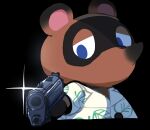  1boy aiming_at_viewer animal_crossing black_background blue_eyes commentary_request cropped_torso furry furry_male glint gram_9 gun half-closed_eyes handgun hawaiian_shirt highres holding holding_gun holding_weapon looking_at_viewer male_focus no_mouth raccoon_boy shaded_face shirt simple_background snout solo tom_nook_(animal_crossing) upper_body weapon 
