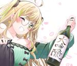  1girl ahoge bare_shoulders blonde_hair bottle breasts chikuwa. cleavage collarbone commentary_request cookie_hair_ornament dress food-themed_hair_ornament glasses green_dress green_eyes green_hair grin hair_ornament highres holding holding_bottle long_hair long_sleeves looking_at_viewer medium_breasts multicolored_hair off-shoulder_dress off_shoulder original petals round_eyewear simple_background smile solo streaked_hair two_side_up upper_body white_background 