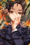  1boy absurdres black_hair black_jacket branch brown_eyes commentary_request covering_mouth day flower foliage forehead gakuran gold_osmanthus hand_over_own_mouth highres jacket leaf light_rays long_sleeves looking_at_viewer male_focus orange_flower original outdoors parted_hair partial_commentary peach_punch portrait school_uniform shirt solo sunbeam sunlight water_drop white_shirt 