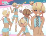  1boy bare_shoulders barefoot bikini bird blonde_hair blue_bikini blue_eyes braid chicken dark_skin demon_boy demon_horns elf fang from_behind head_wings heart heart-shaped_pupils highres horns looking_at_viewer looking_back male_focus medium_hair mubo multiple_views one_eye_closed open_mouth original otoko_no_ko pink_horns pointy_ears side_braid smile swimsuit symbol-shaped_pupils tongue tongue_out v white_background wings 