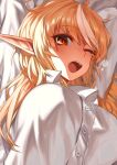  1girl absurdres arms_up blonde_hair breasts ckhd highres hololive large_breasts messy_hair one_eye_closed orange_eyes pajamas pointy_ears shiranui_flare virtual_youtuber white_pajamas yawning 