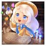  1girl :d blue_eyes book bookshelf border bow brown_headwear candle candle_wax candy chibi cookie_run cream_puff_cookie english_text fire food globe highres holding holding_wand indoors jelly_bean long_hair luzen-ros_(aterz) open_book purple_fire scroll smile wand white_border white_bow white_hair 