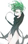 1girl black_dress breasts closed_mouth dino_(dinoartforame) dress floating_hair green_eyes green_hair groin highres looking_at_viewer one-punch_man pelvic_curtain short_hair side_slit simple_background small_breasts solo tatsumaki taut_clothes taut_dress thighs v-shaped_eyebrows white_background 