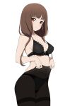  1girl absurdres adjusting_clothes adjusting_legwear black_bra black_panties black_pantyhose blunt_bangs blush bra breasts brown_eyes brown_hair closed_mouth collarbone coro_fae cowboy_shot dot_nose embarrassed fingernails highres iino_miko kaguya-sama_wa_kokurasetai_~tensai-tachi_no_renai_zunousen~ looking_at_viewer low_twintails medium_breasts nail_polish navel paid_reward_available panties pantyhose pink_nails simple_background solo stomach thighband_pantyhose twintails underwear underwear_only white_background 