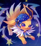  :3 blue_headwear blue_ribbon commentary_request crescent crescent_necklace fang fang_out full_body jewelry jolteon necklace pokemon pokemon_(creature) purple_eyes ribbon shii_(no-va_could) solo star_(symbol) star_in_eye star_print starry_background symbol_in_eye yellow_fur yellow_trim 