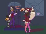  anthro bam_(khainethewolf) bottomwear clothing digital_media_(artwork) duo female halloween hat haunted_house headgear headwear hi_res holidays khaine_(khainethewolf) legwear male miniskirt nokamiwd scared simple_background skirt stockings tagme vampire_costume witch_costume witch_hat 