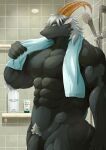  abs absurd_res after_shower anthro balls bathroom black_body black_fur bovid caprine flaccid fur genitals goat green_eyes hair hi_res horn lifewonders male mammal muscular muscular_anthro muscular_male nipples nude pecs penis pubes solo tanngrisnir_(tas) tokyo_afterschool_summoners toranoyouhei towel white_hair 