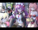  4girls animal_ear_fluff animal_ears azur_lane bandaged_arm bandages bare_shoulders bell black_ribbon blonde_hair blue_eyes blue_ribbon blush breasts capelet choker cleavage closed_mouth collarbone cup detached_sleeves fang fingerless_gloves fox_ears gloves green_eyes green_hair green_tea grimace hair_bell hair_between_eyes hair_ornament hair_ribbon hairband hamakaze_(azur_lane) highres holding holding_tray isokaze_(azur_lane) kneeling large_breasts letterboxed long_hair long_sleeves looking_at_another looking_at_viewer mosquito_coil multiple_girls open_mouth pink_hair porch purple_eyes purple_hair red_eyes red_ribbon ribbon seiza shouji sidelocks sitting sliding_doors small_breasts smile tanikaze_(azur_lane) tatami tayuura_(kuwo) tea teacup teeth thick_eyebrows thighhighs thighs tray twintails urakaze_(azur_lane) very_long_hair wide_sleeves 