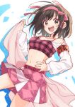  1girl absurdres bob_cut bra brown_eyes brown_hair commentary_request cowboy_shot detached_sleeves dress hairband hand_on_own_hip highres looking_at_viewer medium_hair midriff open_mouth pink_bra pink_hairband pink_skirt plaid plaid_bra pleated_dress round_teeth skirt smile solo suzumiya_haruhi suzumiya_haruhi_no_yuuutsu taiki_(6240taiki) teeth underwear upper_teeth_only 