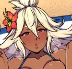  1girl akairiot blush breasts breath cropped dark-skinned_female dark_skin flower granblue_fantasy hair_between_eyes hair_flower hair_ornament heavy_breathing implied_sex long_hair looking_at_viewer open_mouth out-of-frame_censoring red_eyes solo steaming_body sweat very_dark_skin white_hair zooey_(granblue_fantasy) zooey_(summer)_(granblue_fantasy) 