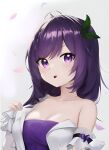  1girl absurdres bare_shoulders bow bowtie breasts cleavage falling_petals green_bow green_bowtie highres light_smile looking_at_viewer natsumi_hachi nhannguyentri1 nijigen_project petals purple_eyes purple_hair short_hair vietnamese_commentary virtual_youtuber white_background 