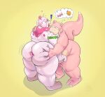  &lt;3 &lt;3_eyes absurd_res big_butt bite butt candy debudraws dessert duo exclamation_point food fruit generation_1_pokemon generation_6_pokemon hi_res huge_filesize humanoid male male/male motion_lines nintendo onomatopoeia overweight peach_(fruit) plant pokemon pokemon_(species) slowbro slurpuff sound_effects spread_butt spreading text thought_bubble 