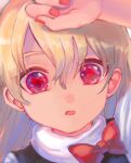  100th_black_market 1girl arm_up black_hair blonde_hair bow commentary_request kirisame_marisa long_hair looking_at_viewer open_mouth portrait red_bow red_eyes red_nails shirt shukinuko solo touhou turtleneck white_shirt 