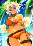  1girl 2018 adventurer_(ff11) alcohol animal_ears bare_shoulders beer beer_mug belt bikini blue_eyes breasts brown_belt cat_ears cat_girl cat_tail choker cleavage closed_mouth colored_eyelashes cowboy_shot cup doraeshi facial_mark final_fantasy final_fantasy_xi front-tie_bikini_top front-tie_top hair_between_eyes halterneck highres holding holding_cup large_breasts lens_flare looking_at_viewer mithra_(ff11) mug navel red_bikini red_choker short_hair smile solo standing swimsuit tail thigh_strap whisker_markings white_hair 