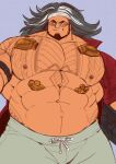 1boy absurdres bara bare_pectorals black_hair chest_tattoo cowboy_shot dark-skinned_male dark_skin full_beard highres huge_pectorals looking_to_the_side male_focus mature_male mauga_(overwatch) multicolored_hair muscular muscular_male open_clothes open_shirt overwatch overwatch_2 pants pectorals solo streaked_hair strongman_waist sunglasses tattoo thick_eyebrows topi_(topi5356) 