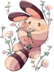  animal_focus artist_name bow brown_fur commentary_request flower hanabusaoekaki highres holding holding_flower leaf no_humans pink_bow pokemon pokemon_(creature) sentret simple_background solid_oval_eyes solo tail white_background white_flower 