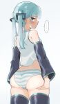  ... 1girl absurdres aqua_hair aqua_panties ass ass_grab bare_shoulders black_sleeves black_thighhighs blue_eyes blunt_bangs blush breasts closed_mouth cowboy_shot crop_top detached_sleeves embarrassed from_behind furrowed_brow grabbing_own_ass hands_on_own_ass hatsune_miku highres long_hair long_sleeves looking_at_viewer looking_back midriff_peek no_pants panties shirt sideways_glance sinasimu4746 sleeveless small_breasts solo spoken_ellipsis standing striped striped_panties sweatdrop thighhighs twintails underwear vocaloid white_shirt 
