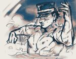  1boy aoi_(husiginokuninoa) bara blush golden_kamuy hand_up hat hat_over_one_eye kepi large_pectorals looking_at_viewer male_focus military_hat monochrome muscular muscular_male nipples nude onsen pectorals scar scar_on_face scar_on_mouth scar_on_nose short_hair sketch solo steam sugimoto_saichi upper_body wet 