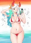  1girl ;) ahoge bikini breasts cellphone earrings highres horns iphone jewelry kuronami616 looking_at_viewer navel_piercing one_eye_closed one_piece orange_eyes phone piercing red_bikini simple_background smartphone smile swimsuit yamato_(one_piece) 