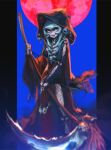  1girl black_robe blue_background breasts grin hat_ornament highres holding holding_scythe hood hood_up hooded_robe long_sleeves looking_at_viewer medium_breasts moon original phantom_ix_row purple_lips red_moon robe scythe skull_hat_ornament smile solo standing teeth 