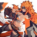  1girl abs absurdres asher_(omega_strikers) bandages belt black_shorts blue_eyes breasts collaboration commentary english_commentary eyepatch gloves highres jimbobox large_breasts liyart long_hair muscular muscular_female non-web_source official_art omega_strikers orange_hair sarashi shorts simple_background smile solo spiked_hair stretching thighhighs thighs white_background 