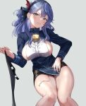  1girl ako_(blue_archive) awnw bell black_skirt blue_archive blue_eyes blue_hair blue_jacket blush body_writing breasts commentary_request cowbell ear_piercing grey_background hairband highres holding jacket knees_together_feet_apart large_breasts long_hair looking_at_viewer miniskirt neck_bell piercing sideboob sideless_outfit sideless_shirt simple_background skirt solo thick_thighs thighs twitter_username 