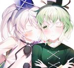  2girls absurdres black_bow black_bowtie black_headwear blue_headwear blush bow bowtie closed_eyes closed_mouth commentary_request cross-laced_clothes crossed_arms dress frilled_sleeves frills frown green_dress green_eyes green_hair hair_between_eyes hat heart highres j_(ppxx3543) japanese_clothes kariginu long_bangs long_hair long_sleeves looking_at_another looking_to_the_side mononobe_no_futo multiple_girls ofuda ofuda_on_clothes one_eye_closed pom_pom_(clothes) ponytail short_hair simple_background soga_no_tojiko tate_eboshi touhou upper_body white_background white_hair yuri 