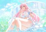  1girl absurdres ass blue_archive breasts green_eyes halo hanako_(blue_archive) highres large_breasts long_hair meinoss pink_hair pink_halo short_sleeves solo water 
