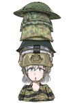  1girl arctic_camouflage blue_eyes brodie_helmet camouflage combat_helmet green_headwear helmet highres long_sleeves looking_up military_uniform open_mouth original savankov shirt short_hair solo too_many_hats uniform white_background white_shirt woodland_camouflage 