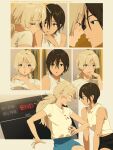  2girls after_kiss black_hair blonde_hair blood blood_on_clothes blush embarrassed english_text highres kamo_kamen long_hair multiple_girls nosebleed original shirt short_hair surprised tank_top yuri 