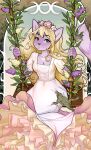  amphibian anthro blue_eyes breasts clothing dragonfu dress felid feline female frog fur hi_res looking_at_viewer mammal plant purple_body purple_fur solo swing tail 