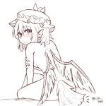  1girl animal_ears ass bird_ears bird_tail bird_wings blush closed_mouth earrings english_text from_behind hair_between_eyes hat jewelry monochrome mystia_lorelei short_hair simple_background single_earring sitting solo tail touhou white_background winged_hat wings wool_(miwol) 