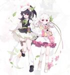  2girls ;d absurdres animal_ear_legwear animal_ears animal_hat ankle_boots art_brush asymmetrical_legwear bag bag_charm bcy belt bing_zizi black_dress black_footwear black_hair boots bow braid braided_ponytail camera cat_ear_legwear cat_ears cat_hair_ornament cat_hat charm_(object) cherry_blossoms closed_mouth collared_dress collared_shirt cross-laced_footwear dress flower frilled_dress frills full_body giant_brush green_belt green_bow green_neckerchief hair_bow hair_flower hair_ornament hairclip hat highres holding holding_brush holding_camera lace-up_boots layered_dress leaf leaf_hair_ornament leg_up loafers long_hair long_sleeves looking_at_viewer loose_socks low_twintails miao_jiujiu multiple_girls neckerchief necktie one_eye_closed outstretched_arms overalls paintbrush palette_(object) petals pinafore_dress pink_bag pink_flower pink_necktie pleated_dress ponytail puffy_sleeves red_eyes ruan_miemie shirt shoes short_dress shoulder_bag single_sock single_thighhigh sleeveless sleeveless_dress sleeves_past_elbows smile socks standing standing_on_one_leg tachi-e thigh_pouch thigh_strap thighhighs tied_sweater twintails uneven_legwear white_background white_dress white_flower white_hair white_headwear white_shirt white_socks white_thighhighs wide_sleeves yellow_footwear zoom_layer 