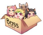  4boys :&lt; :3 animal_ears battle_tendency black_eyes black_hair blonde_hair box cardboard_box cat cat_ears dark-skinned_male dark_skin diavolo dio_brando earrings enrico_pucci foxvulpine green_eyes heart_headband horns jewelry jojo_no_kimyou_na_bouken kars_(jojo) kitten male_focus multiple_boys pink_hair polka_dot purple_eyes red_eyes slit_pupils star-shaped_pupils star_(symbol) stardust_crusaders stone_ocean symbol-shaped_pupils vento_aureo white_hair 