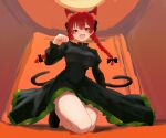  1girl absurdres animal_ears bare_legs black_dress blush bow braid breasts bright_pupils cat_ears commentary dress extra_ears fang hair_bow highres indoors juliet_sleeves kaenbyou_rin kneeling large_breasts long_sleeves looking_at_viewer moriforest1040 puffy_sleeves red_eyes red_hair skin_fang smile solo touhou twin_braids 