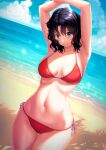  1girl :d amagami armpits arms_up beach bikini black_hair blue_eyes blush breasts collarbone commentary_request cowboy_shot crossed_arms day double-parted_bangs dutch_angle grin hair_between_eyes hair_intakes highres horizon legs_together light_particles linea_alba lips looking_at_viewer medium_breasts navel ocean outdoors palm_tree red_bikini side-tie_bikini_bottom smile solo standing string_bikini sunlight swimsuit tanamachi_kaoru thigh_gap tree tree_shade wavy_hair wide_hips yuuki1103 