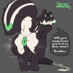  absurd_res anthro anus balls big_balls big_penis big_tail black_body black_fur bodily_fluids butt crouching dialogue ejaculation erection fur genitals green_body green_fur green_hair hair hi_res insult insulting_viewer knot looking_at_viewer looking_back looking_back_at_viewer male mammal mephitid nude onomatopoeia penis presenting presenting_hindquarters raised_tail simple_background skunk smile smiling_at_viewer solo sound_effects spread_butt spreading spyromancer stink_lines sweat tail talking_to_viewer text white_body white_fur 
