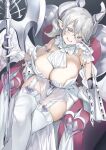  breasts cleavage collar demon_girl demon_horns dress duel_monster gloves grey_eyes grey_hair halberd hand_on_own_cheek hand_on_own_face highres holding holding_polearm holding_weapon horns huge_breasts leotard looking_at_viewer lovely_labrynth_of_the_silver_castle polearm see-through sitting smile thighhighs thighs throne weapon yappen yu-gi-oh! zettai_ryouiki 