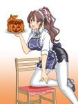  1girl apron ashigara_(kancolle) brown_eyes brown_hair character_name frilled_apron frills geru gradient_background halloween high_ponytail holding kantai_collection looking_at_viewer solo twintails wavy_hair 