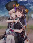  2girls amatlas black_hair black_jacket blush charlotta_skopovskaya grey_pantyhose heaven_burns_red highres hug jacket li_yingxia multiple_girls outdoors pantyhose russian_clothes sidelocks tears yellow_eyes 