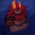  anthro big_muscles facial_piercing flexing_bicep fur lynel male mane muscular muscular_male nintendo nipple_piercing nipples nose_piercing nose_ring pecs piercing red_body red_fur ring_piercing scar sharp_teeth solo tali-draws tears_of_the_kingdom teeth the_legend_of_zelda tusks 