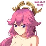  1girl animal_ears artist_name blush bowlp breasts collarbone commentary_request dated fox_ears genshin_impact highres long_hair looking_at_viewer nude pink_hair portrait purple_eyes signature simple_background smile solo white_background yae_miko 