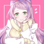  1girl breasts coat collarbone cross cross_earrings earrings green_eyes head_rest highres jewelry light_blush light_purple_hair long_hair miriam_(pokemon) open_clothes open_coat pink_hair pokemon pokemon_(game) pokemon_sv school_nurse stethoscope swept_bangs white_coat ybnksth 