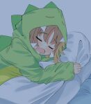  1girl brown_hair closed_eyes commentary dinosaur_costume drooling fang highres hood hood_up light_blush long_sleeves mouth_drool object_hug oka_asahi onii-chan_wa_oshimai! open_mouth sleeping solo yairo_ju 